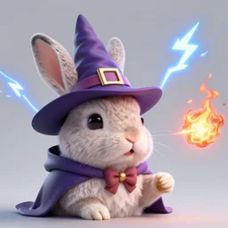 closeup of a rabbit wearing a wizard hat shooting fireballs, lightning in background