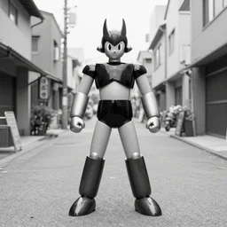 Mazinger-Z in a working-class district street in japan, b&w photo