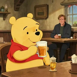 winnie the pooh and a blonde woman enjoying a pint in a rural pub. gordon freeman is in the background looking disappointed.