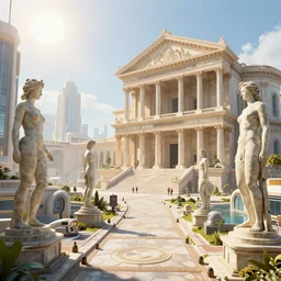 an futuristic solarpunk city with venus statues and an ancient giant roman senate and bright sun rays 8 k highly detailed hyperornate by marc simonetti and caspar david friedrich, trending on artstation