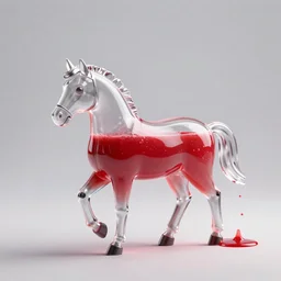 3d model glass horse filled until the middle with red juice walking and spilling. fully visible. art station. magnificent