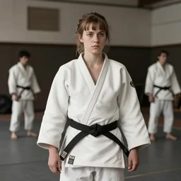 Katniss Everdeen as a black belt judo master, in a dojo, 1918, historical portrait photo by Annie Leibovitz