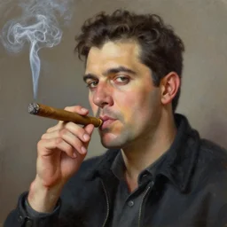 agent 4 7 smoking a cigar, highly detailed oil painting