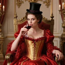 portrait of the queen of vampires drinking a cup of wine in her throne room, crimson victorian dress, golden corset, small top hat, pale skin, black lipstick, black eyes, bob haircut, dnd, high fantasy, highly detailed, detailed face, grayscale, manga illustration, by artgerm, greg rutkowski, alphonse mucha