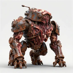 technobiological rusty battle tank tower walks on huge paws. consisting of ripped flesh and iron and guts and meat and skin and veins and entrails. biopunk, bodyhorror, very rust, high detail, photorealism, full length view, octane render, cgsociety