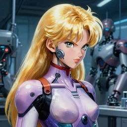 ps 5 screenshot. intensely staring aside distantly. close portrait. dbz gero robotics laboratory bg. pretty beautiful feminine cybertronic blonde androideighteen painted by norman rockwell. character by akira toriyama and hideaki anno. bodysuit. lighting by james gurney. masterpiece. artgerm mucha rutkowski. artstation.