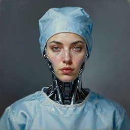 portrait of a cyberpunk surgeon ( persian woman ) with cybernetic implants ( futuristic transhuman cyborg ), detailed realism face in painting, detailed beautiful portrait, oil painting masterpiece, cyberpunk art, 8 k resolution, smooth, sharp focus, trending on artstation, by rembrandt