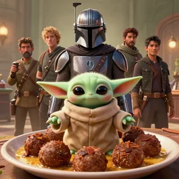 Grogu from the mandalorian loves meatballs and that is the way, Greg Rutkowski, Darek Zabrocki, Karlkka, Jayison Devadas, Phuoc Quan, trending on Artstation, 8K, ultra wide angle, pincushion lens effect.