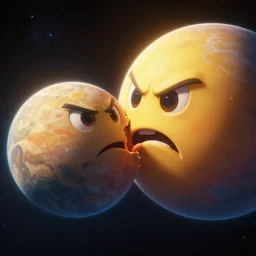 planet with a angry emoji face eating another planet on space, digital art, au naturel, hyper detailed, digital art, trending in artstation, cinematic lighting, studio quality, smooth render, unreal engine 5 rendered, octane rendered, art style by pixar dreamworks warner bros disney cuphead