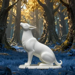 elegant white porcelain creature, warframe, giant forest with golden trees and blue grass, concept art, artstation, anato finnstark,