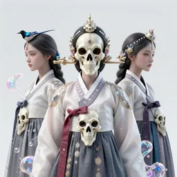 3 d goddess waist shot portrait. beautiful intricate highly detailed korean dokkaebi skull and traditional korean hanbok. elegant stingray, magpie, iridescent, plasma, lava, ice, water, wind, creature, volumetric lighting, twilight forest background, artwork by tooth wu and wlop and beeple and greg rutkowski, 8 k trending on artstation,