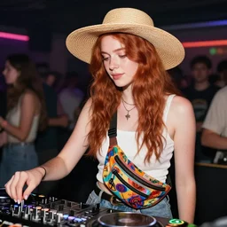 DJ at a party, DJ is a young red headed woman and is wearing a straw hat and a fanny pack, beautiful, artistic, belt bag, wide hat