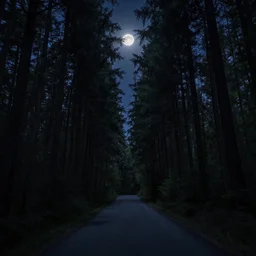 night, road between tall trees, dense forest, dark night, moon
