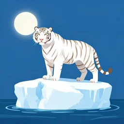 a illustration white tiger standing on the top of a iceberg surrounded by ocean, an moon on the top, icebergs in the distance, sacried, lonely, peaceful, elegant, high quality, tones of blue, by outcrowd