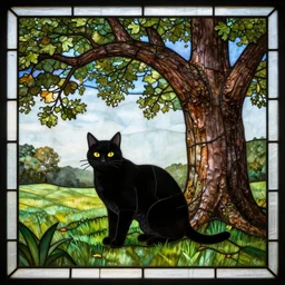wonderful stained glass of a black cat under a beautiful oak tree on a sunny day, black cat on the grass under the tree, extremely detailed, masterpiece