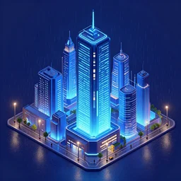 isometric neon city at night rainy lamp posts few people in the future capital city