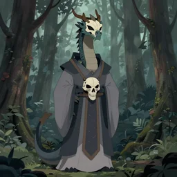 concept art painting of an anthropomorphic dragon king with robes, a long neck, and skull mask, in a deep forest, cel shaded, in the style of makoto shinkai and james gurney and studio ghibli and moebius