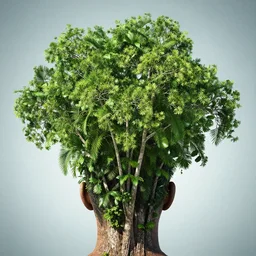 tropical trees growing from head