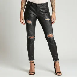 samara weaving as a wanderer with tattooed arms and legs wearing a scratched leather and ripped aviator leather jeans, wearing a short black jacket with rusty medals on it, character sheet, head details, props, concept design, contrast, kim jung gi, greg rutkowski, trending on artstation, full body, turnaround, ultra wide angle, pincushion lens effect