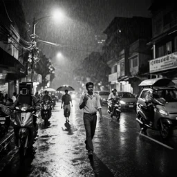 Dramatic photograph of a street in Mumbai on a monsoon night in the 24th century, by Sohrab Hura, by Raghu Rai, for Magnum Photos, masterpiece, detailed, dynamic, cinematic composition, beautiful natural lighting, black and white, large format film camera, Ilford FP4, award winning, full-length portrait, no frames,