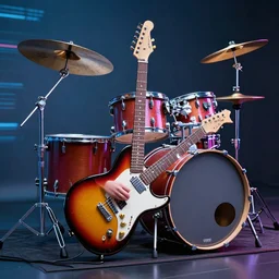 an electric guitar mixed with a futurisctic drumset