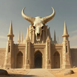 persian horned skull castle in the desert, pointy architecture, massive gates, detailed infrastructure by greg rutkowski and rodney matthews, artstation, perfect horizontal symmetry, extremely hyperdetailed, mysterious atmosphere, uhd