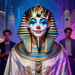 portrait of glamor egyptian god | emmanuel macron | robe | ( ( clown ) ) | paris background | highly detailed | very intricate | professional model | cinematic lighting | painted by donato giancola and mandy jurgens and charlie bowater | bold colors, artdeco, art deco synthwave blue purple pink aesthestic, 8 0's nostalgia | artstation