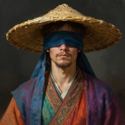 portrait of a man wearing a blindfold, multicolored robes, large straw hat, fantasy, highly detailed, cinematic lighting, digital art painting by greg rutkowski