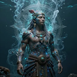 a profile photo real render of an ancient futuristic shaman with digital modifications surrounded by a underwater ink pour and flowing liquid gallium and complex sacred geometry, perfect body and face, powerful, cinematic, beautifully lit, by artgerm, by karol bak, 3 d, trending on artstation, octane render, 8 k
