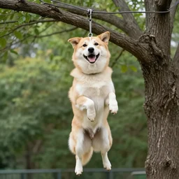 an extremely happy dog is hanging by wires from a tree, 4 k, realistic