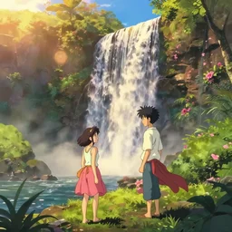 an epic makoto shinkai and renoir landscape with a hawaiian waterfall, golden hour, 🌺, ultra smooth, octane render, lois van baarle, ilya kuvshinov
