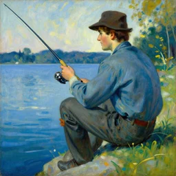 attractive man, fishing, cool colors, painting by gaston bussiere, craig mullins, greg rutkowski, alphonse mucha