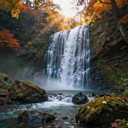 dreamy photograph of an enchanting waterfall in a secluded island, sunrays beaming through the top, vibrant autumn season, highly detailed landscape photography, photorealism, smooth 8k