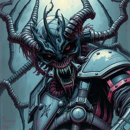 black ink & copic markers, vibrant muted colors, disturbing grunge still of a [ lovecraftian demon infested ] [ spawn ], he wears light armor, by ( arthur adams ), by ( tom bagshaw ), by henry asencio, by kikuchi hideyuki, by albert bierstadt, fisheye lens effect, evil, insanely detailed and intricate, hypermaximalist,
