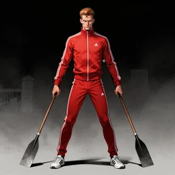 full body view of a very skinny white man super villain that wears a red adidas track suit and wields two oars as weapons, his super power is the power to bore, comic book art by artgerm and alex ross, featured on artstation, cgsociety