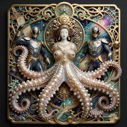 hyperrealism, art nouveau, detailed textures, photorealistic 3 d art nouveau octopus japanese pearl queen superheroes in a apocalyptic galaxy, japanese old style print, ultra realistic, cinematic, intricate, cinematic light, unreal engine 8 k, octane render, unreal engine, 8 k, octane render, unreal engine ar 1 6 : 9 - - stylize 2 5 0 0 - - quality 2