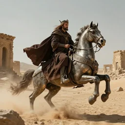 “a byzantine priest riding a mechanical ornate horse through ruins in the desert, steampunk, blowing sand, dramatic, trending on artstation, by Greg Rutowski”