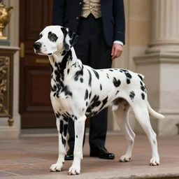 a photograph of a dalmatian standing seductively in front of an aristocratic gentleman