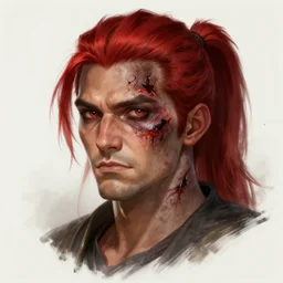 portrait, 30 years old man :: red hair ponytail :: burned face, grimy :: high detail, digital art, RPG, concept art, illustration