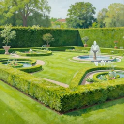 a beautiful painting of a large perfectly cut hedge garden with fountains and statues in a field of flowers by moebius