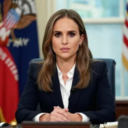 portrait photo of president natalie portman in the oval office, resolute desk, photo by pete souza, close - up