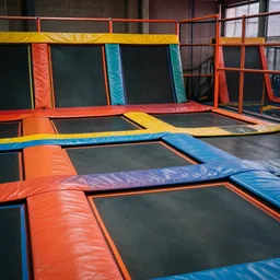 empty colorful trampoline park, realistic, nostalgic, detailed. realistic, detailed, hyper realistic.