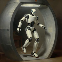 robot stepping through a teleportation chamber, realistic painting, classical painting, high definition, digital art, matte painting, very detailed, realistic
