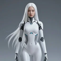 upright and straight android women, scifi, futuristic design, bae suzy, long white hair, character design, cinematic lighting, highly detailed, by beeple, goro fujita, smooth gradient.