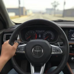 first person GTA V screenshot inside a car showing steering wheel and dashboard and windshield