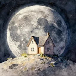 watercolor painting of a house on the moon, earth in the background, soft colors
