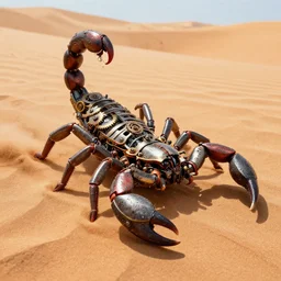 a mechanical steampunk style scorpion on sand dunes, mechanical steampunk gears, tending on artstation, 4 k realistic, vibrant colors, cinematic lighting