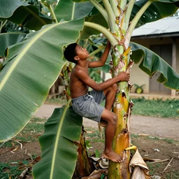 young dark skin teenager climbing a banana tree in the 9 0 s shot taking from the ground looking up