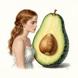 a page from codex seraphinianus about a diagram of merging of emma watson with avocado