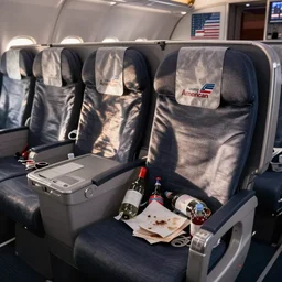 most dirty american airline's dirtiest first class seat ever, bottles, trash, paper, stain,